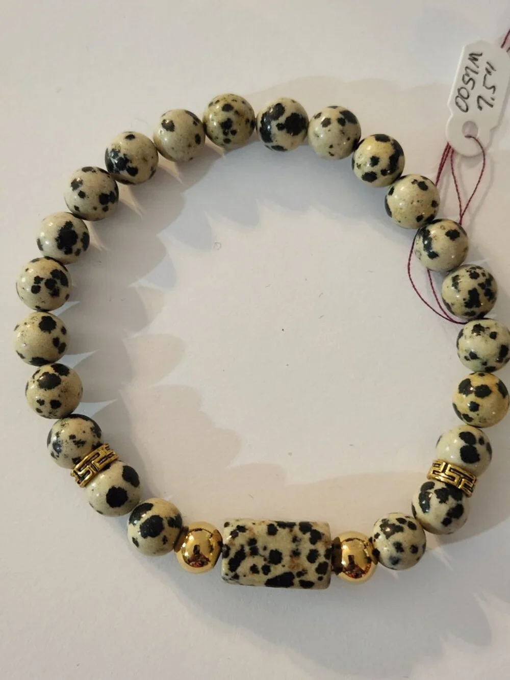 Hand Crafted Dalmatian Jasper Stretch Bracelet With Gold Accents Black Beige